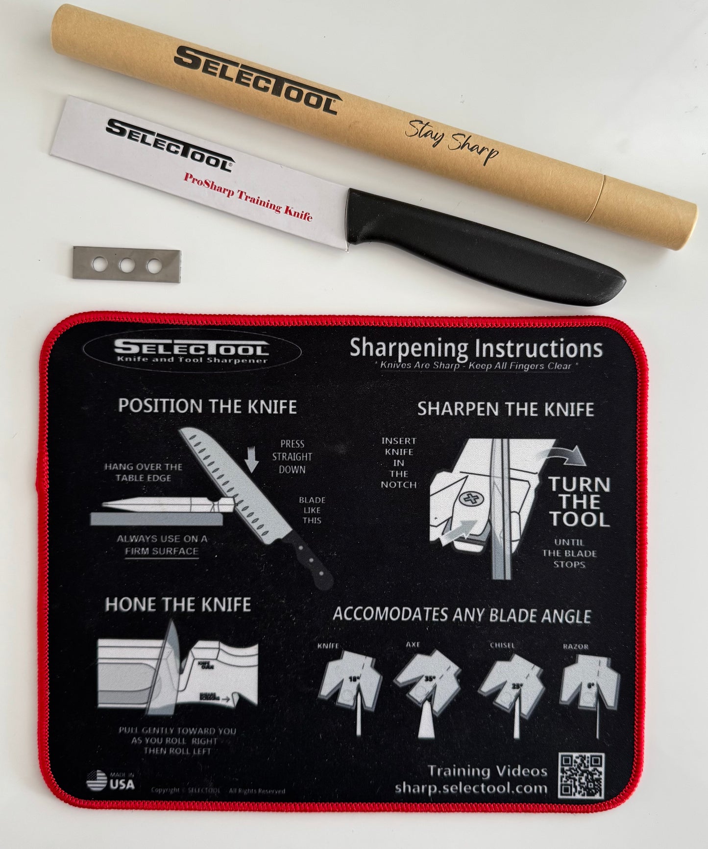 SELECTOOL 4pcs Sharpening Bundle:  Sharpening Mat, Ceramic Rod, Training Knife, Sharpening Blade